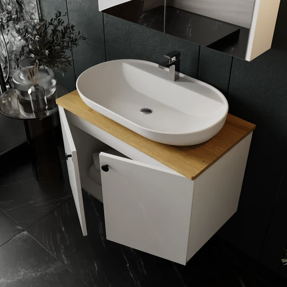 Karen Banyo Mimoza 80 Cm Tezgahlı, Aynalı Banyo Dolabı Seti, Seramik Lavabo Dahil, Beyaz, Mdf - 2