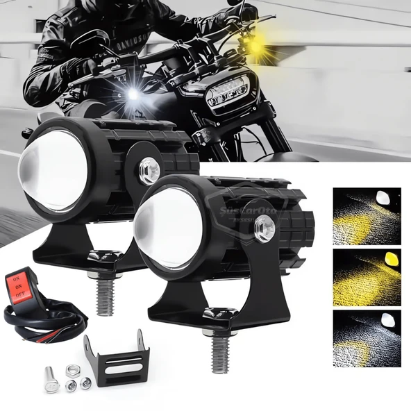 Motosiklet Mini Sis Farı Çift Renk Sarı-Beyaz Aç Kapa Düğmeli Scooter Araç Off Road Led Lamba 8V-80V Projektör Metal Kasa Arazi Çalışma Lambası 2 Adet Set