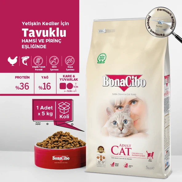 BonaCibo Adult Cat Tavuklu (Hamsi ve Pirinç eşliğinde) Yetişkin Kedi Maması 5 Kg