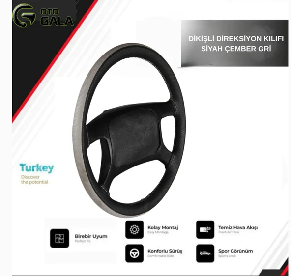 DİKİŞLİ DİREKSİYON KILIFI SİYAH ÇEMBER GRİ