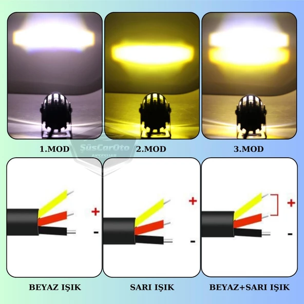 Motosiklet Mini Sis Farı Çift Renk Sarı-Beyaz Aç Kapa Düğmeli Scooter Araç Off Road Led Lamba 8V-80V Projektör Metal Kasa Arazi Çalışma Lambası 2 Adet Set - 3