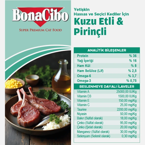 BonaCibo Adult Cat Lamb & Rice Kuzu Etli ve Pirinçli Yetişkin Kedi Maması 5 kg - 3