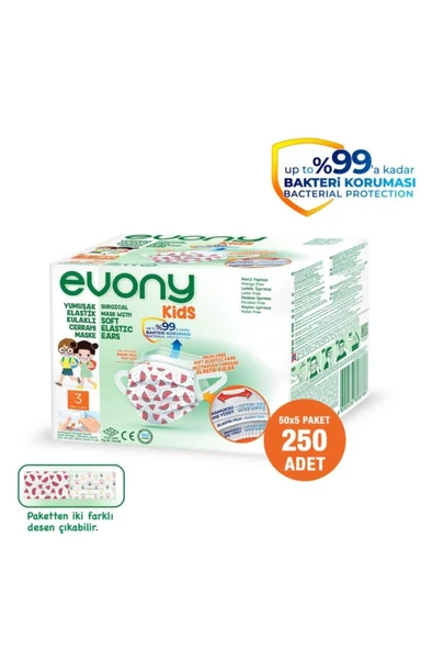 Evony 3 Katlı Çocuk Maskesi 50 Adet x 5 Adet