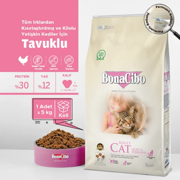 BonaCibo Adult Cat Light - Sterilised Kısırlaştırılmış Kediler için Yetişkin Kedi Maması 5 kg