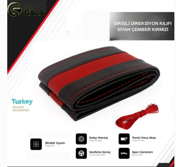 DİKİŞLİ DİREKSİYON KILIFI SİYAH ÇEMBER KIRMIZI