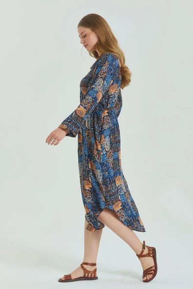 Gömlek Yaka Kemer Detaylı Büyük Beden Elbise - 7