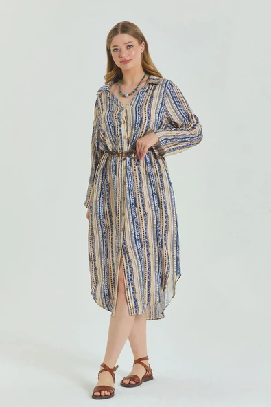 Gömlek Yaka Kemer Detaylı Büyük Beden Elbise - 6