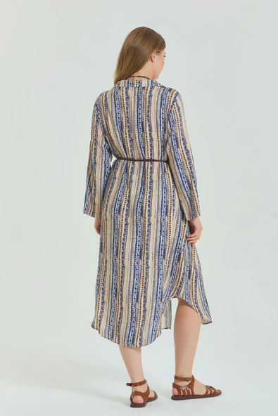 Gömlek Yaka Kemer Detaylı Büyük Beden Elbise - 5