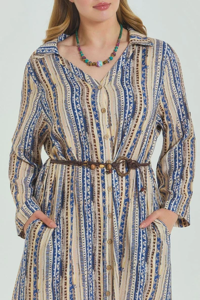 Gömlek Yaka Kemer Detaylı Büyük Beden Elbise - 4