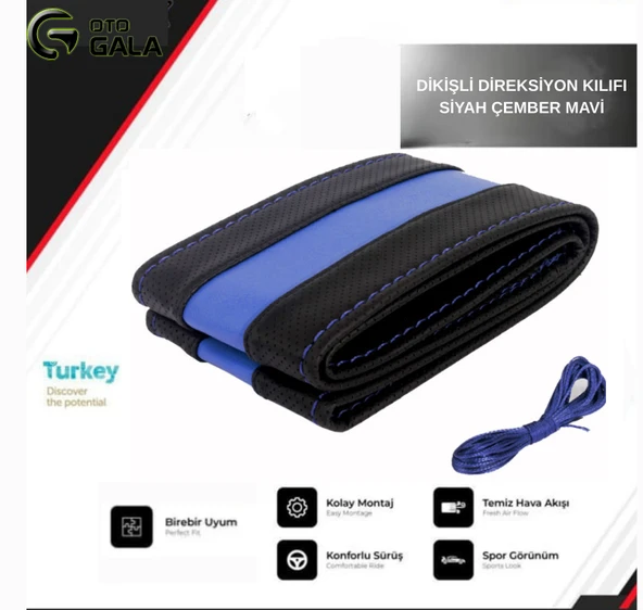 DİKİŞLİ DİREKSİYON KILIFI SİYAH ÇEMBER MAVİ