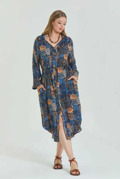 Gömlek Yaka Kemer Detaylı Büyük Beden Elbise