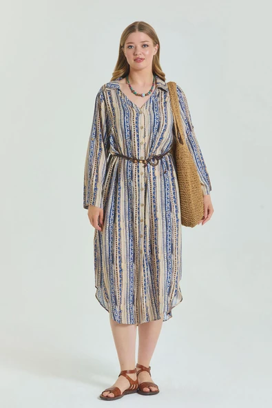 Gömlek Yaka Kemer Detaylı Büyük Beden Elbise - 7