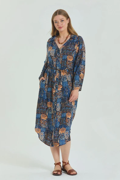 Gömlek Yaka Kemer Detaylı Büyük Beden Elbise - 3