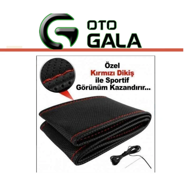 DİKİŞLİ DİREKSİYON KILIFI SİYAH DELİKLİ KIRMIZI DİKİŞ - 2