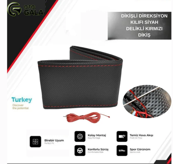 DİKİŞLİ DİREKSİYON KILIFI SİYAH DELİKLİ KIRMIZI DİKİŞ