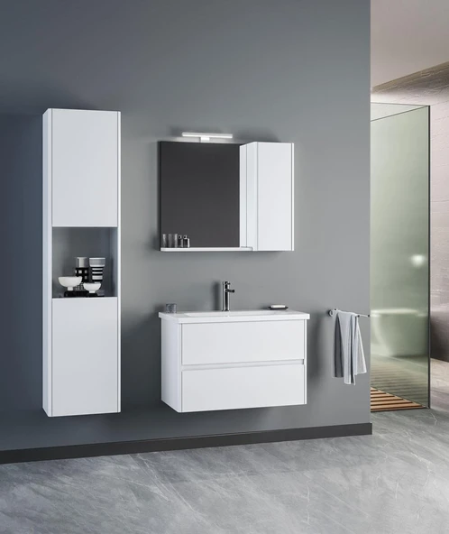 Orka Düden 80 cm MDF Çekmeceli Beyaz Banyo Dolabı Takımı ve Boy Dolabı