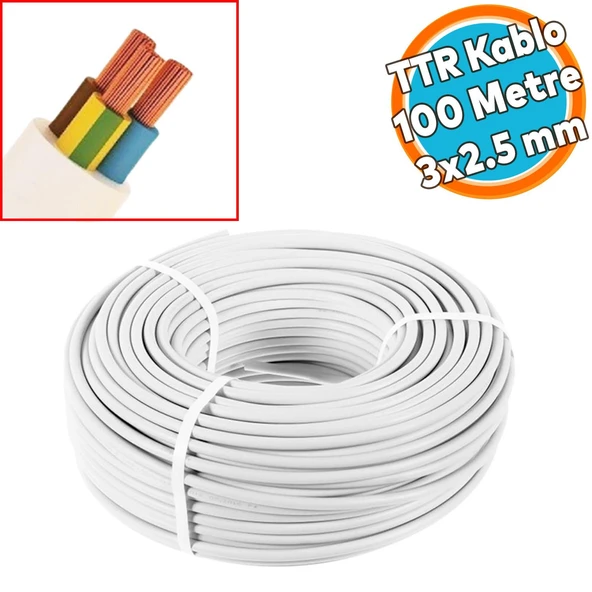 TTR CCA Çok Telli Elektrik Kablosu Topraklı Bakır İletken Damarlı Beyaz Kablo 3x2.5 mm 100 Metre