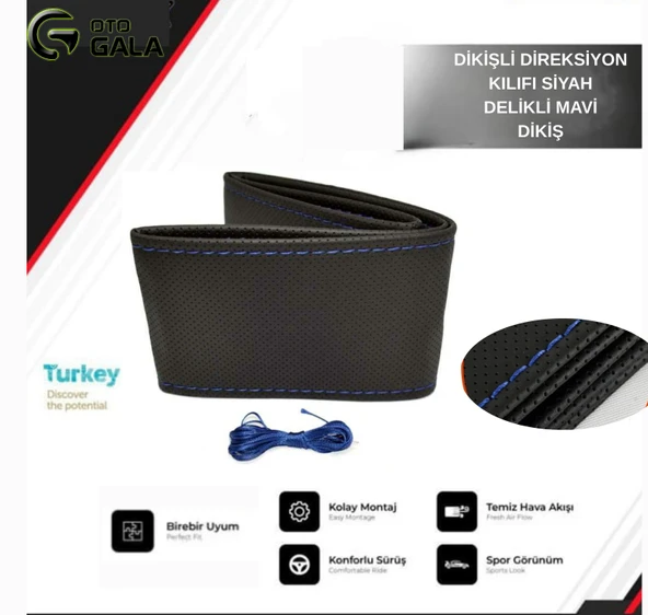 DİKİŞLİ DİREKSİYON KILIFI SİYAH DELİKLİ MAVİ DİKİŞ - 2