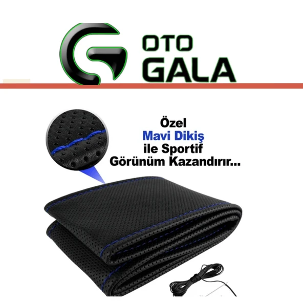 DİKİŞLİ DİREKSİYON KILIFI SİYAH DELİKLİ MAVİ DİKİŞ