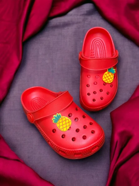Çocuk Kırmızı Renk Ananas Figürlü Kaydırmaz Sandalet Crocs Terlik