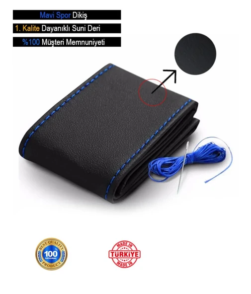 DİKİŞLİ DİREKSİYON KILIFI SİYAH DÜZ MAVİ DİKİŞ