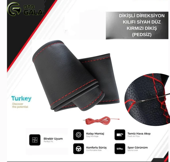 DİKİŞLİ DİREKSİYON KILIFI SİYAH DÜZ KIRMIZI DİKİŞ (PEDSİZ)