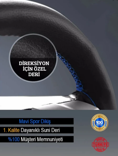 DİKİŞLİ DİREKSİYON KILIFI SİYAH DÜZ MAVİ DİKİŞ - 2