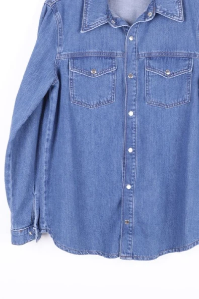 Klasik Yakalı Uzun Kollu Çıtçıt Kapama Detaylı Kadın Kot Gömlek Orta Mavi Denim Dört Mevsim