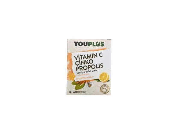 YOUPLUS VİTAMİN C, ÇİNKO, PROPOLİS EFERVESAN TABLET TAKVİYE EDİCİ GIDA 20 TABLET