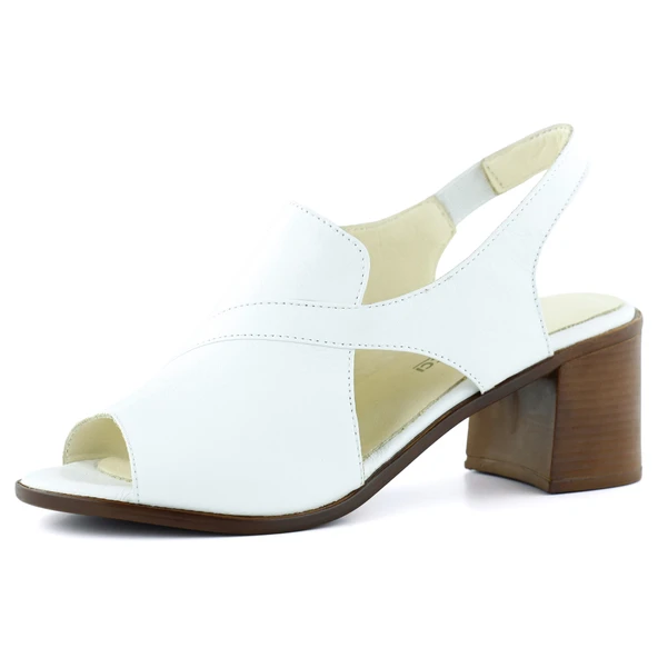 Erkan Saçmacı Saules Beyaz Hakiki Dana Derisi Kesik Detaylı Lastik Bantlı Kalın Topuklu Sandalet