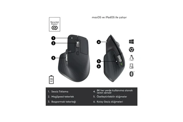 Logitech MX Keys S Bluetooth ve Wireless Kablosuz Klavye 920-011594 + MX Master 3S Mouse 910-006559 - 6