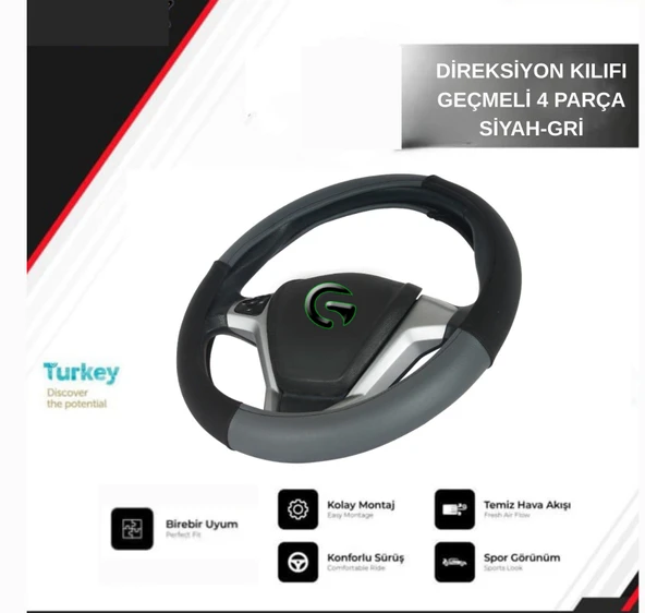 DİREKSİYON KILIFI GEÇMELİ 4 PARÇA SİYAH-GRİ