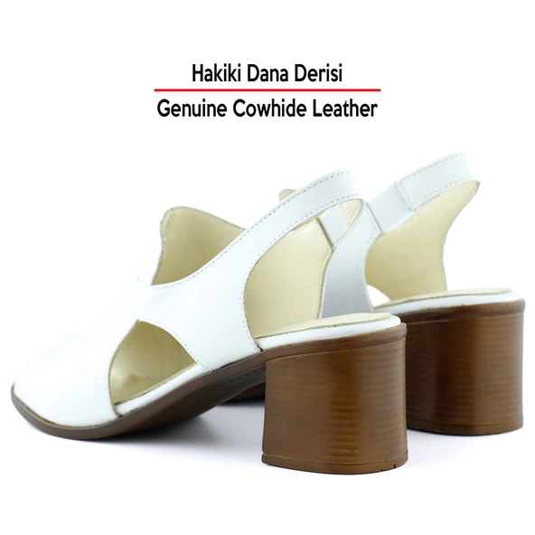 Erkan Saçmacı Saules Beyaz Hakiki Dana Derisi Kesik Detaylı Lastik Bantlı Kalın Topuklu Sandalet - 5