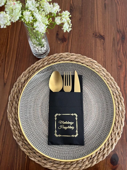 Gold Yaldızlı Siyah Çerçeve Detaylı Mevlidimize Hoşgeldiniz Cepli Kanguru Peçete 12 Adet ürün görseli