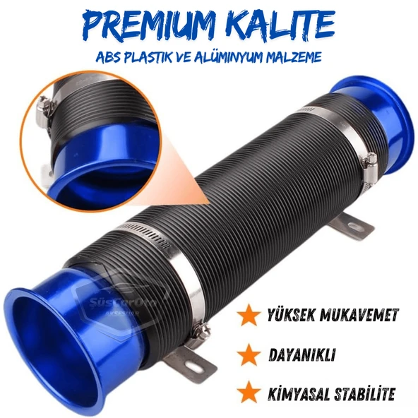Universal Akordiyon Açık Hava Filtre Borusu Performans ve Ses Arttırıcı Uzayan Esnek Hortum 75 mm Hava Filtre Uzatma Sprali Mavi
