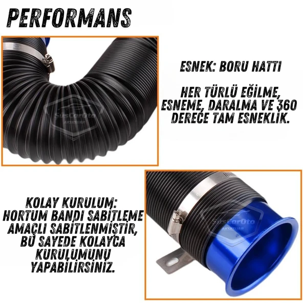Universal Akordiyon Açık Hava Filtre Borusu Performans ve Ses Arttırıcı Uzayan Esnek Hortum 75 mm Hava Filtre Uzatma Sprali Mavi - 2