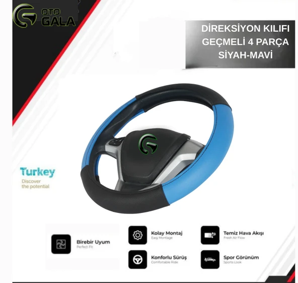 DİREKSİYON KILIFI GEÇMELİ 4 PARÇA SİYAH-MAVİ