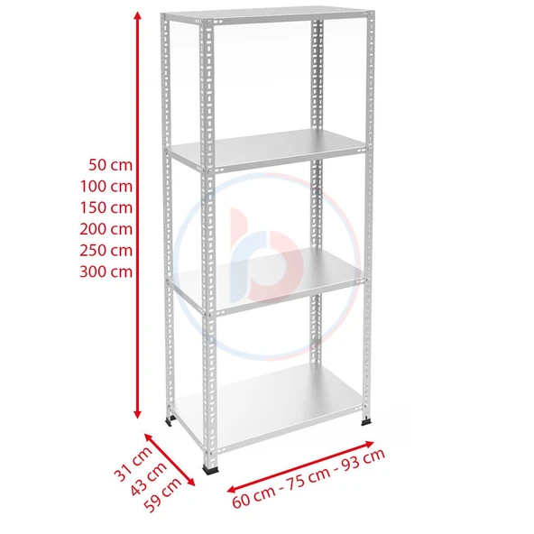 4 Katlı Galvaniz Çelik Raf - Depo, Arşiv, Kiler, Dosya, Market Rafı  31x93 cm 250 cm 0.70 mm - Resim 2