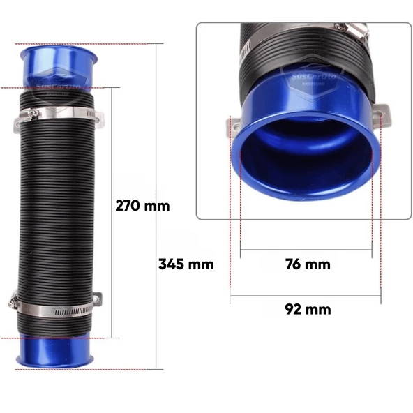 Universal Akordiyon Açık Hava Filtre Borusu Performans ve Ses Arttırıcı Uzayan Esnek Hortum 75 mm Hava Filtre Uzatma Sprali Mavi - 3