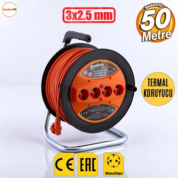 Makaralı Uzatma Kablosu 3x2.5 mm 50 Metre Termal Sigortalı 4 Prizli Monofaze Plastik Seyyar Makara