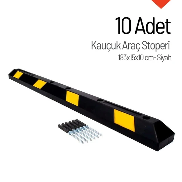 Kauçuk Araç Stoperi – 183x15x10 cm | 10'lu Dayanıklı Otopark Seti