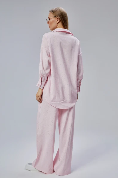 Pembe Taş İşlemeli Salaş Kesim Dokuma Pantolon - 5