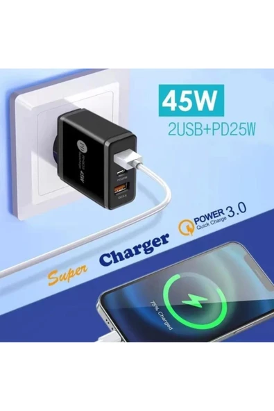 45W 2USB+1PD Girişli Hızlı Şarj Adaptörü