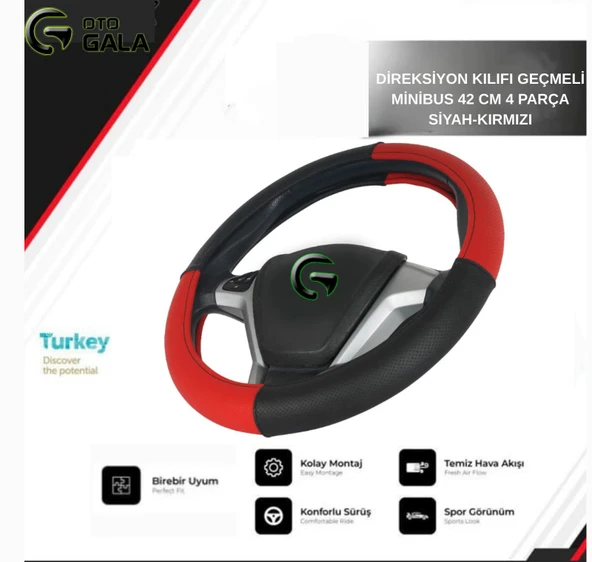 DİREKSİYON KILIFI GEÇMELİ MİNİBUS 42 CM 4 PARÇA SİYAH-KIRMIZI