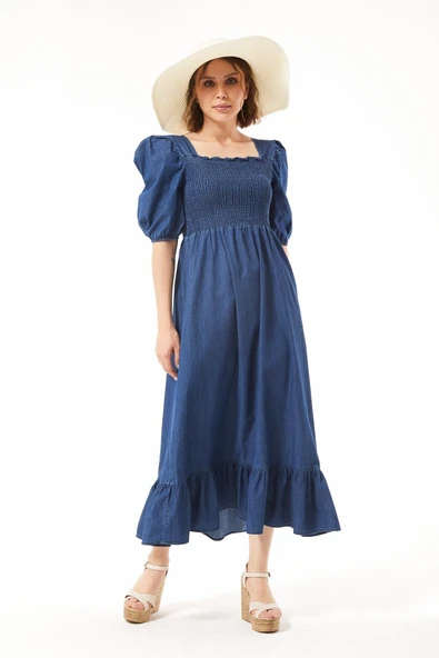 Nilay Kısa Kol Gipeli Detaylı Jean Elbise NİLAY-6910