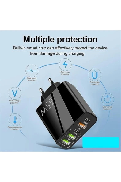 65W 3USB+2PD Girişli Hızlı Şarj Adaptörü Uyumlu - 2