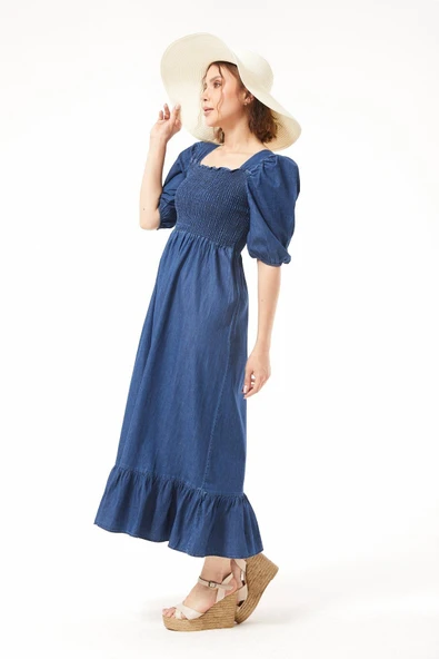 Nilay Kısa Kol Gipeli Detaylı Jean Elbise NİLAY-6910 - 2