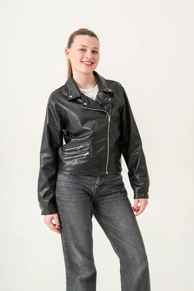 Fermuarlı Astarlı Çıtçıtlı Kol Kadın Deri Ceket - 4