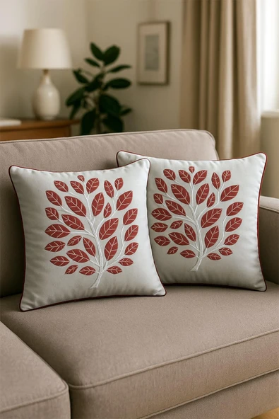 Dal Nakışlı Kırlent Kılıfı 2'li Kenar Biyeli 45x45 Koltuk Yastık Kılıfı Bordo