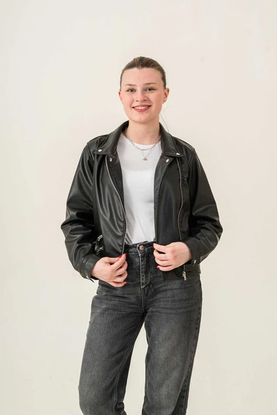 Fermuarlı Astarlı Çıtçıtlı Kol Kadın Deri Ceket - 5